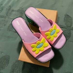 Melissa Pink and Purple Mules with Green Flower